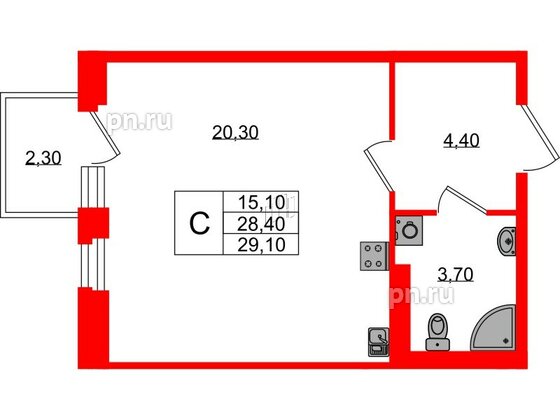 Квартира в ЖК Экография, студия, 29.1 м², 3 этаж