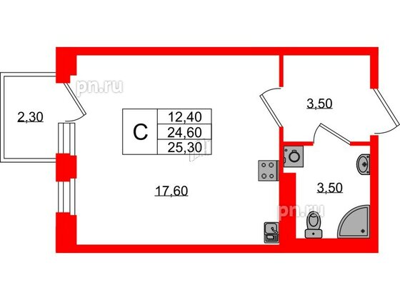 Квартира в ЖК Экография, студия, 25.3 м², 2 этаж