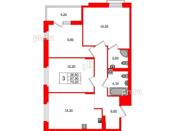 Квартира в ЖК Экография, 3 комнатная, 70 м², 2 этаж