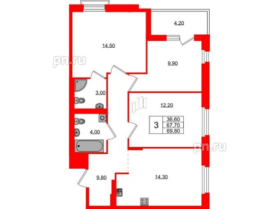 Квартира в ЖК Экография, 3 комнатная, 69.8 м², 3 этаж