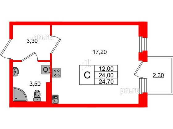 Квартира в ЖК Экография, студия, 24.7 м², 2 этаж