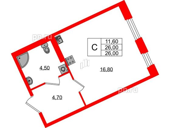 Квартира в ЖК Экография, студия, 26 м², 1 этаж