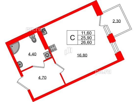 Квартира в ЖК Экография, студия, 26.6 м², 2 этаж