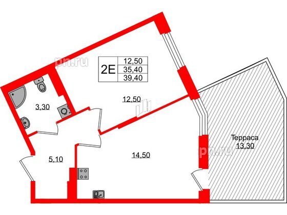 Квартира в ЖК Экография, 1 комнатная, 39.4 м², 1 этаж