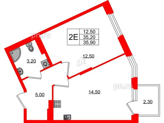 Квартира в ЖК Экография, 1 комнатная, 35.9 м², 2 этаж