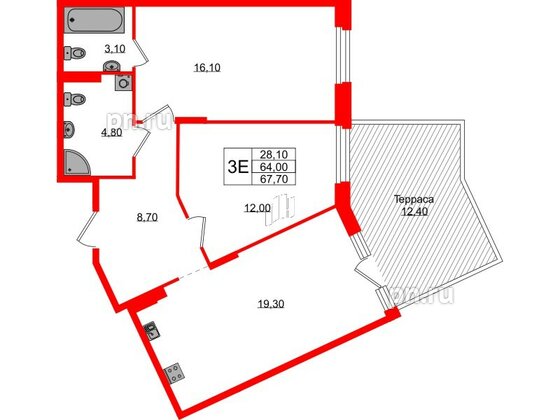 Квартира в ЖК Экография, 2 комнатная, 67.7 м², 1 этаж