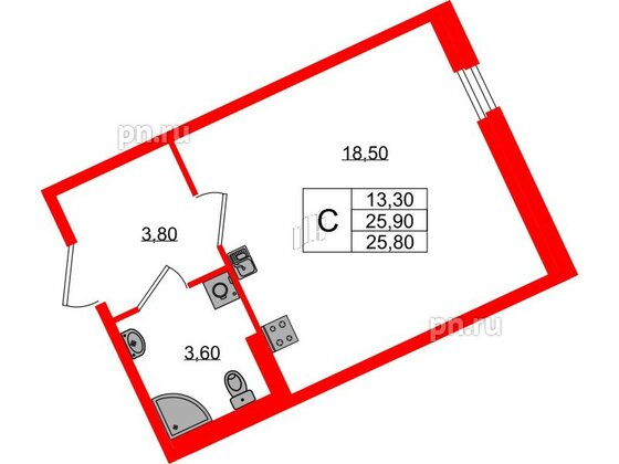 Квартира в ЖК Экография, студия, 25.9 м², 1 этаж