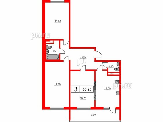 Квартира в ЖК Мариоки, 3 комнатная, 88.1 м², 4 этаж