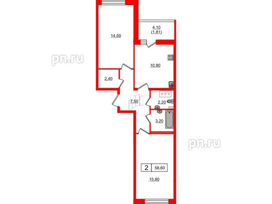 Квартира в ЖК Панорама Невы, 2 комнатная, 57.19 м², 6 этаж