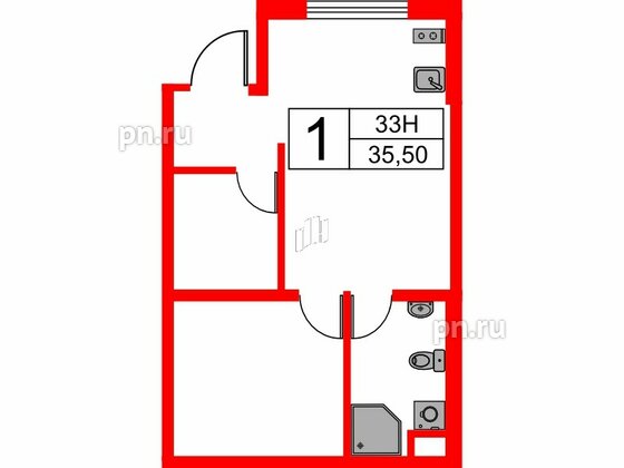 Апартаменты в ЖК Мариоки, 1 комнатные, 35.5 м², 1 этаж