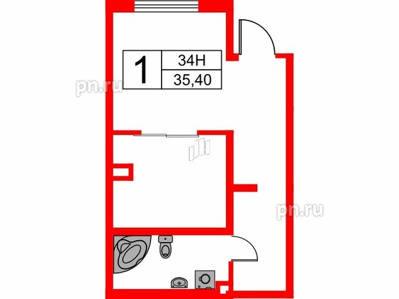 Апартаменты в ЖК Мариоки, 1 комнатные, 35.4 м², 1 этаж