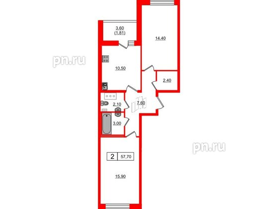 Квартира в ЖК Панорама Невы, 2 комнатная, 56.85 м², 9 этаж