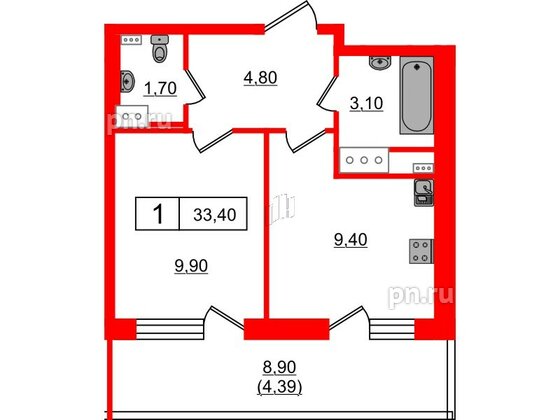 Квартира в ЖК Панорама Невы, 1 комнатная, 33.44 м², 10 этаж