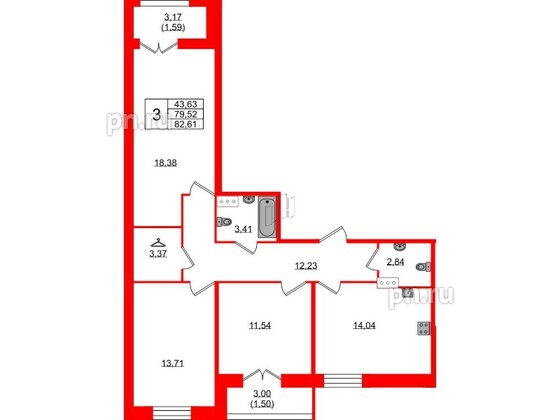 Квартира в ЖК Рождественский квартал, 3 комнатная, 82.61 м², 3 этаж