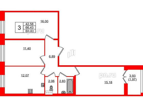 Квартира в ЖК Рождественский квартал, 3 комнатная, 68.4 м², 4 этаж