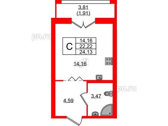 Квартира в ЖК Рождественский квартал, студия, 24.13 м², 2 этаж