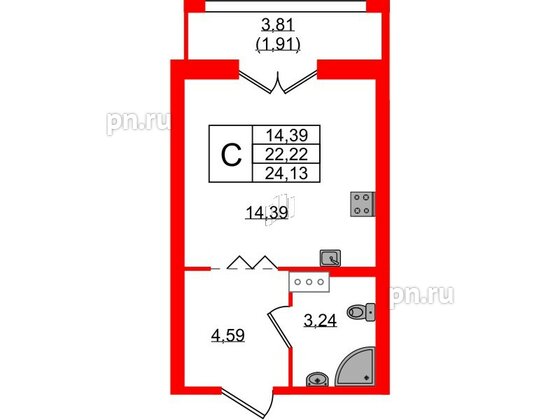 Квартира в ЖК Рождественский квартал, студия, 24.13 м², 7 этаж