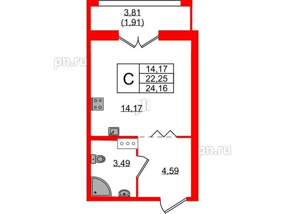 Квартира в ЖК Рождественский квартал, студия, 24.16 м², 3 этаж