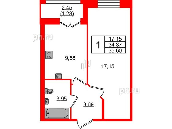 Квартира в ЖК Рождественский квартал, 1 комнатная, 35.6 м², 2 этаж