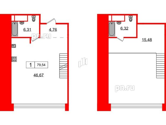 Апартаменты в ЖК AVANT, 1 комнатные, 79.54 м², 3 этаж