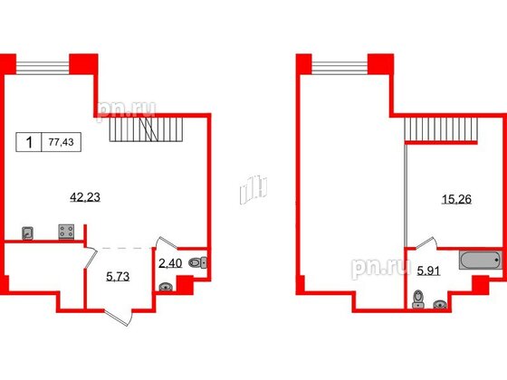 Апартаменты в ЖК AVANT, 1 комнатные, 77.43 м², 3 этаж