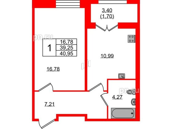 Квартира в ЖК Рождественский квартал, 1 комнатная, 40.95 м², 2 этаж