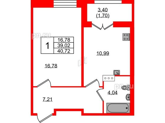 Квартира в ЖК Рождественский квартал, 1 комнатная, 40.72 м², 3 этаж