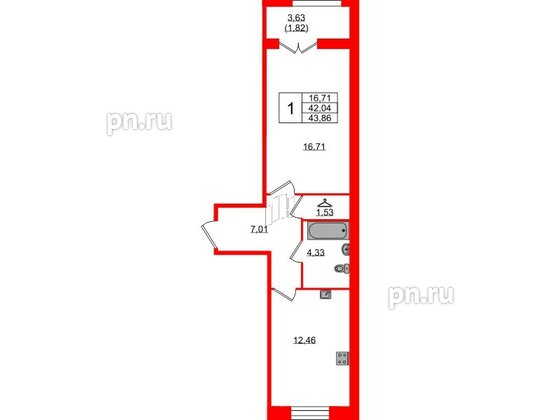 Квартира в ЖК Рождественский квартал, 1 комнатная, 43.86 м², 2 этаж