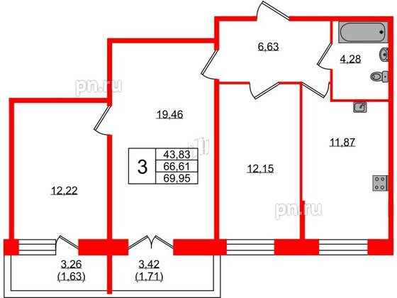 Квартира в ЖК Рождественский квартал, 3 комнатная, 69.95 м², 2 этаж