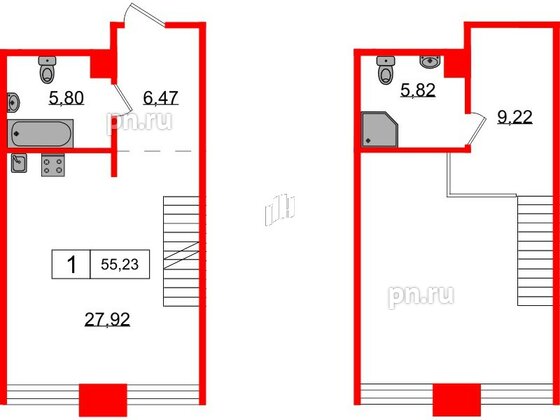 Апартаменты в ЖК AVANT, 1 комнатные, 55.23 м², 3 этаж