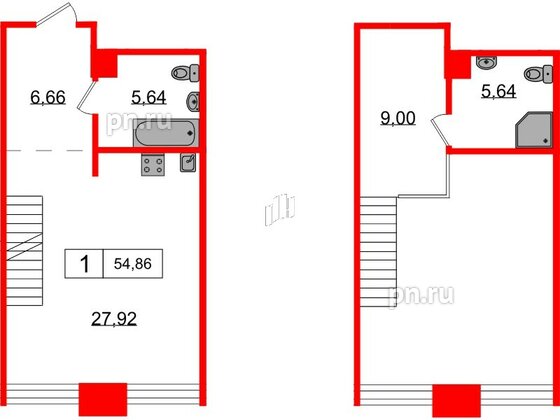 Апартаменты в ЖК AVANT, 1 комнатные, 54.86 м², 3 этаж