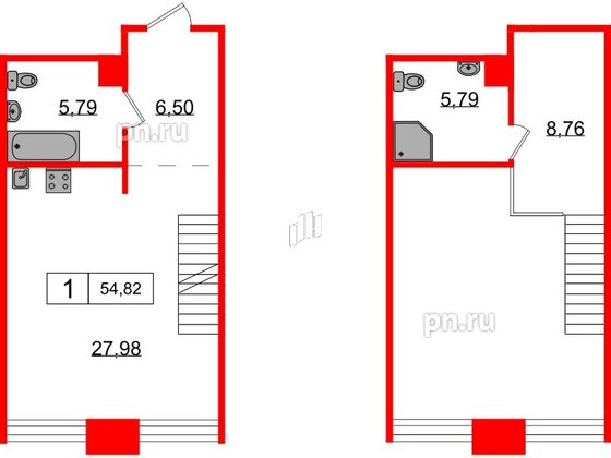 Апартаменты в ЖК AVANT, 1 комнатные, 54.82 м², 3 этаж