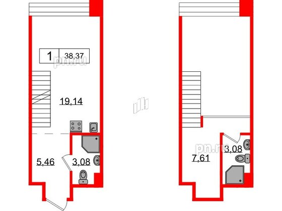 Апартаменты в ЖК AVANT, 1 комнатные, 38.37 м², 3 этаж