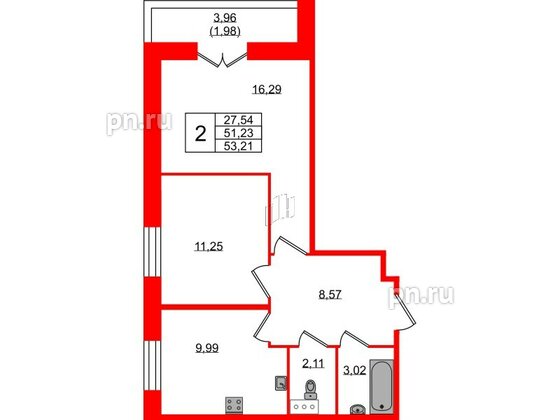 Квартира в ЖК «Рождественский квартал», 2 комнатная, 53.21 м², 4 этаж