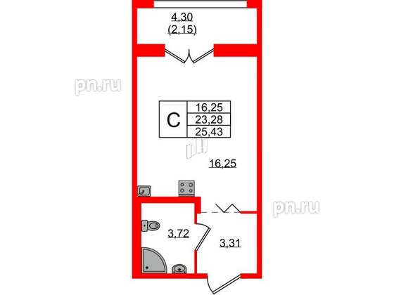 Квартира в ЖК Рождественский квартал, студия, 25.43 м², 2 этаж