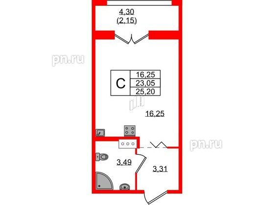 Квартира в ЖК Рождественский квартал, студия, 25.2 м², 3 этаж