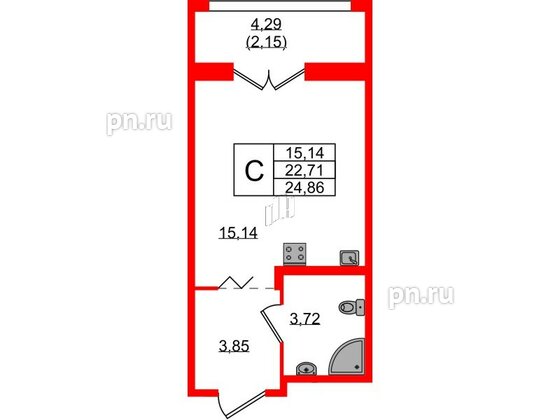 Квартира в ЖК Рождественский квартал, студия, 24.86 м², 2 этаж