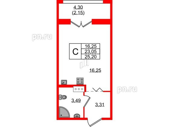 Квартира в ЖК Рождественский квартал, студия, 25.2 м², 3 этаж