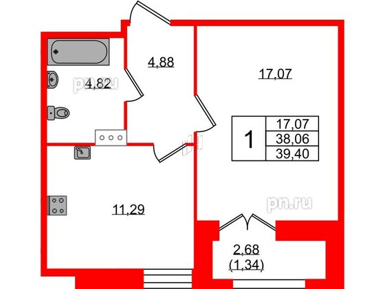Квартира в ЖК «Рождественский квартал», 1 комнатная, 39.4 м², 7 этаж
