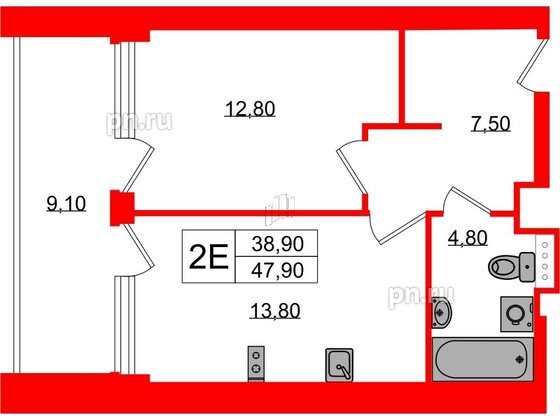 Апартаменты в ЖК Морская Ривьера, 1 комнатные, 47.9 м², 6 этаж