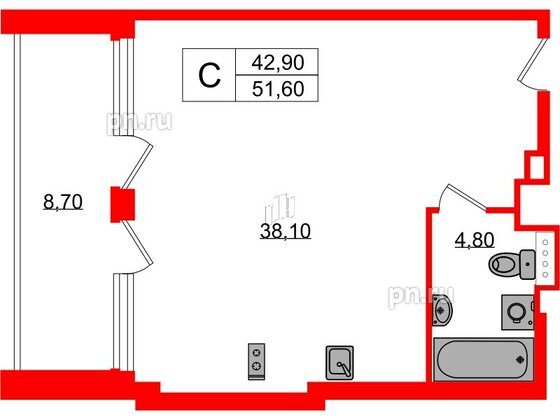 Апартаменты в ЖК Морская Ривьера, студия, 51.6 м², 10 этаж