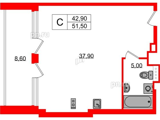 Апартаменты в ЖК Морская Ривьера, студия, 51.5 м², 11 этаж