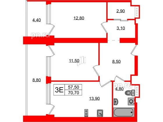 Апартаменты в ЖК Морская Ривьера, 2 комнатные, 70.7 м², 8 этаж