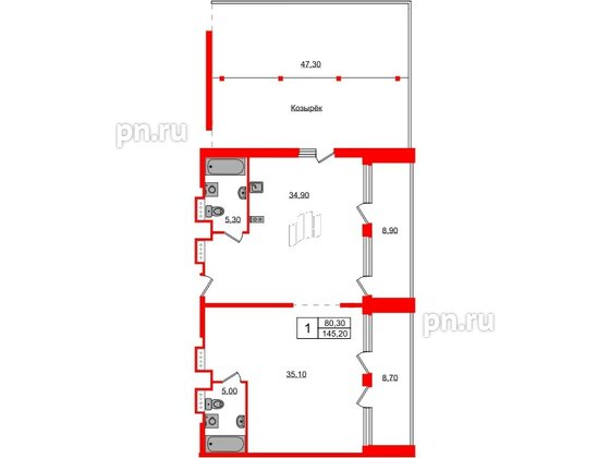 Апартаменты в ЖК Морская Ривьера, 1 комнатные, 145.2 м², 12 этаж