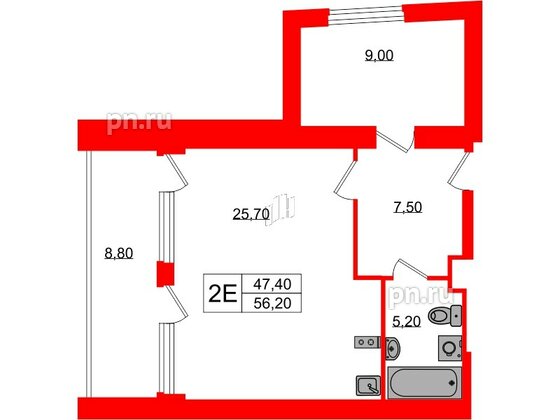 Апартаменты в ЖК Морская Ривьера, 1 комнатные, 56.2 м², 5 этаж