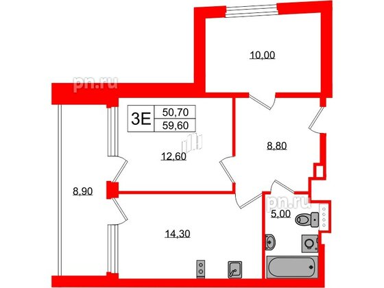 Апартаменты в ЖК Морская Ривьера, 2 комнатные, 59.6 м², 10 этаж