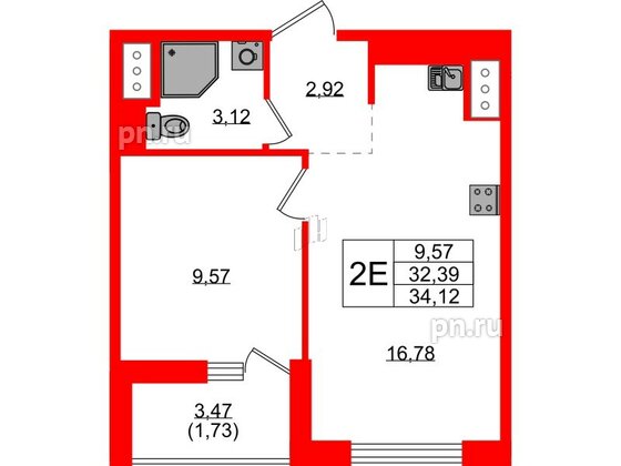 Квартира в ЖК UP-квартал Новый Московский, 1 комнатная, 34.12 м², 7 этаж