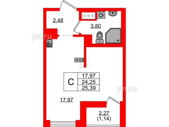 Квартира в ЖК UP-квартал Новый Московский, студия, 25.39 м², 2 этаж