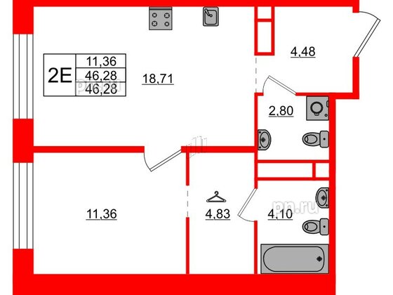 Квартира в ЖК AVANT, 1 комнатная, 46.28 м², 3 этаж