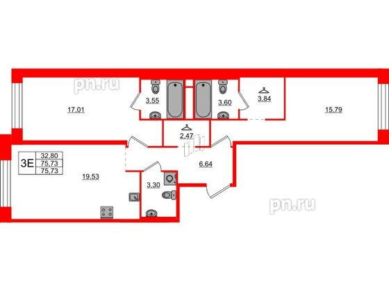 Квартира в ЖК AVANT, 2 комнатная, 75.73 м², 3 этаж